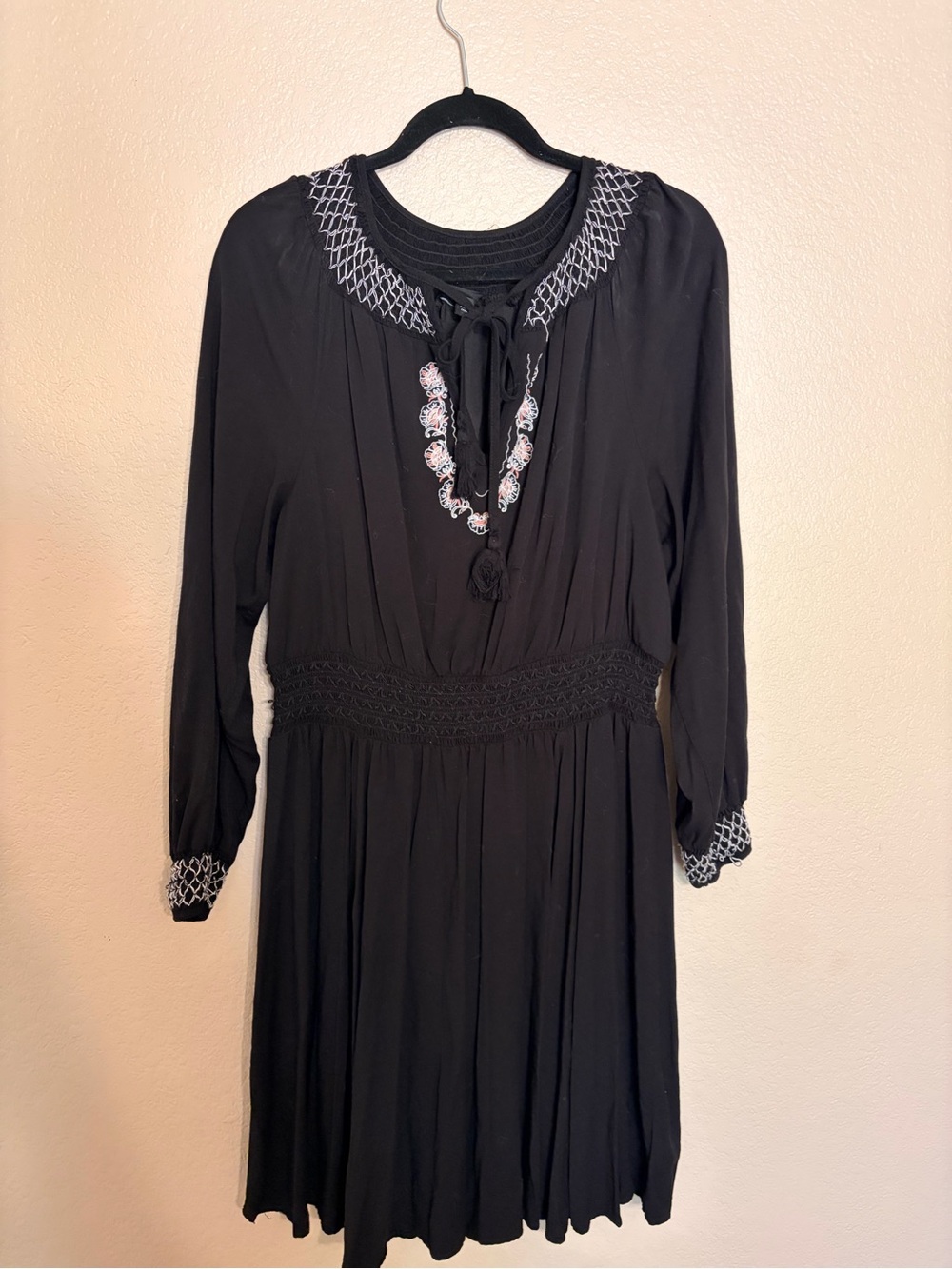 Black Embroidered Long-Sleeve Women's Dress